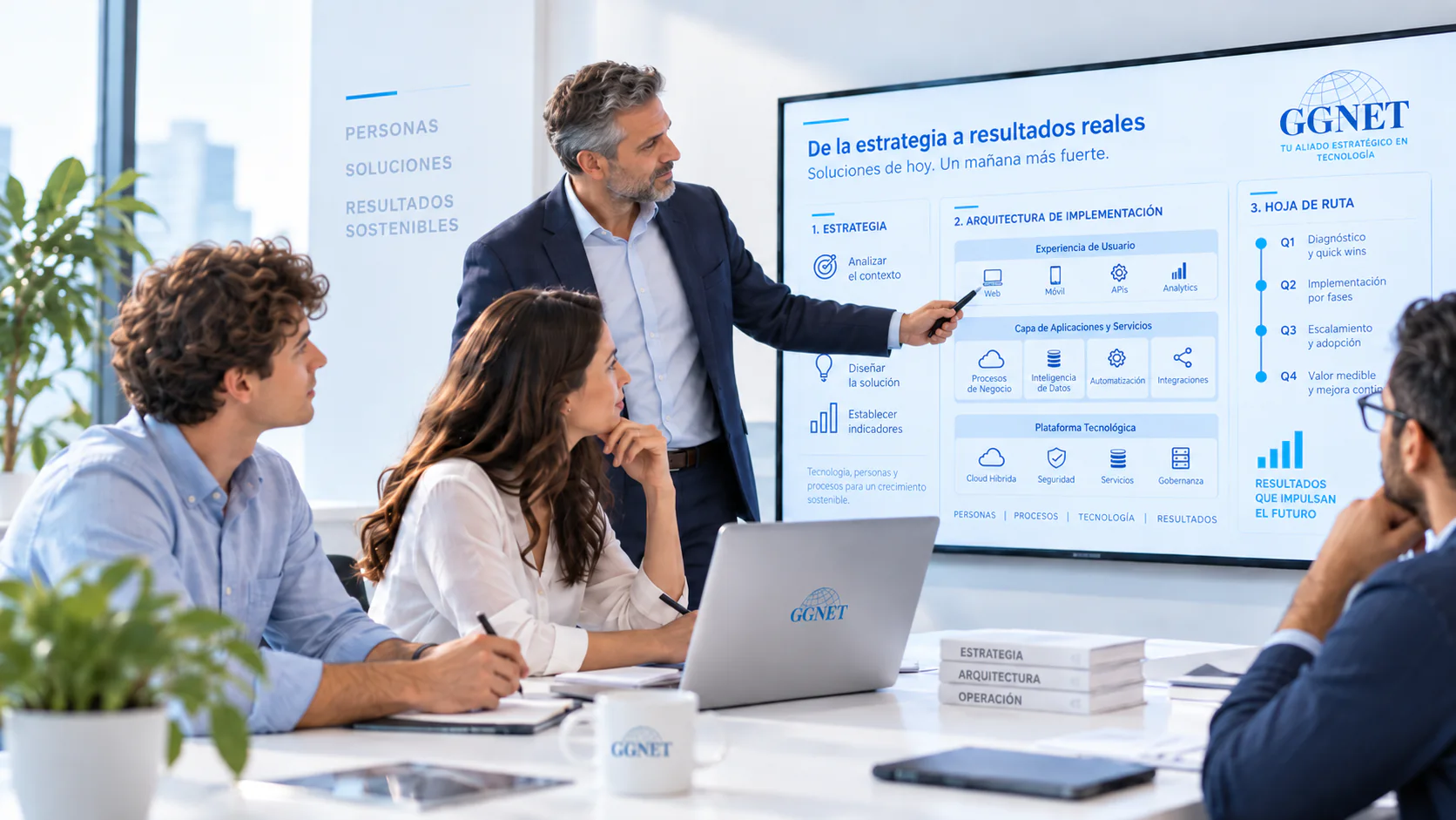 Equipo profesional de GGNET trabajando en arquitectura y soluciones tecnológicas